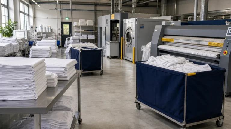 Atelier de blanchisserie professionnelle avec linge de spa plié en Île-de-France