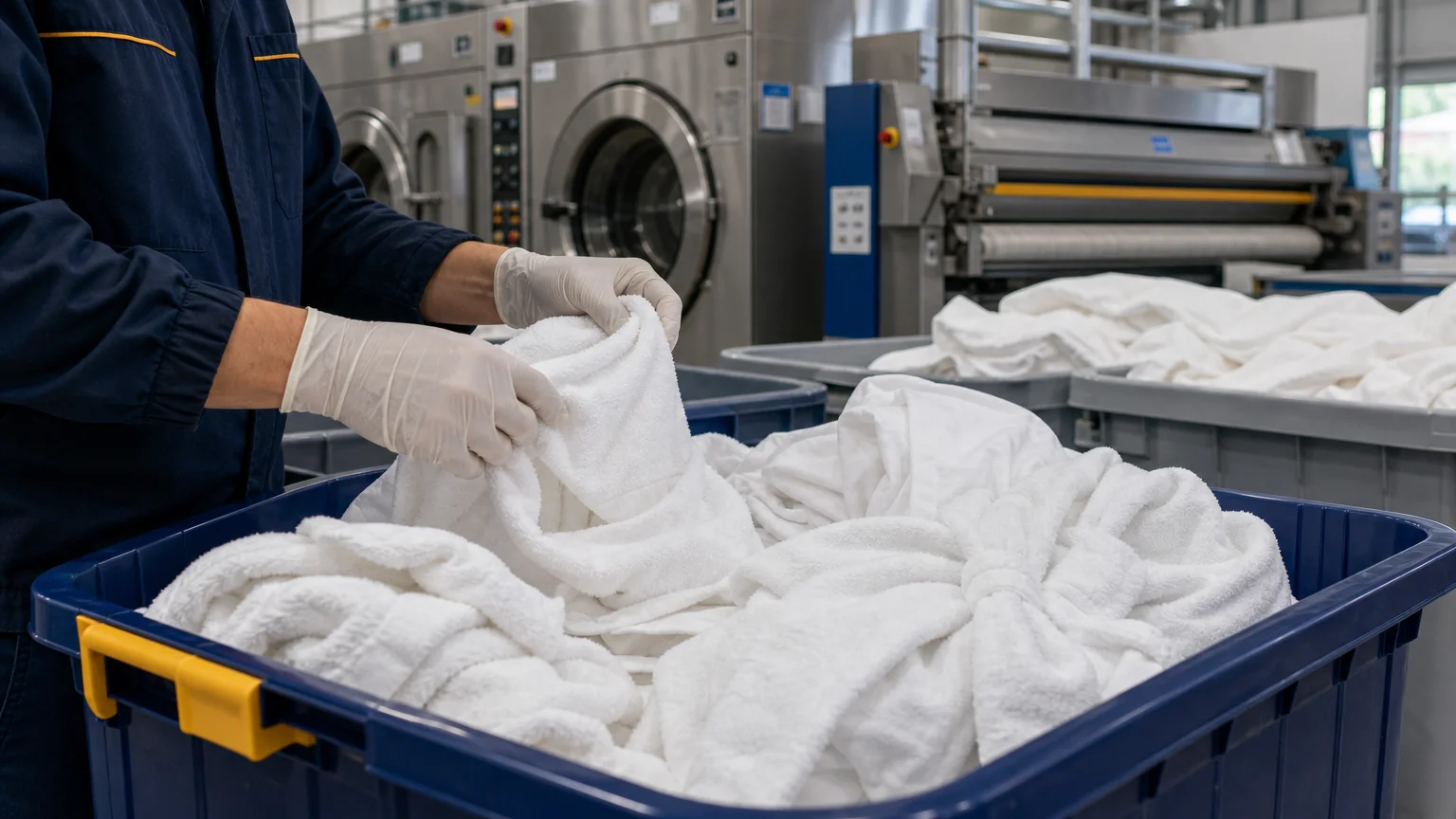 Tri professionnel de serviettes, peignoirs et draps de soin dans un atelier francilien