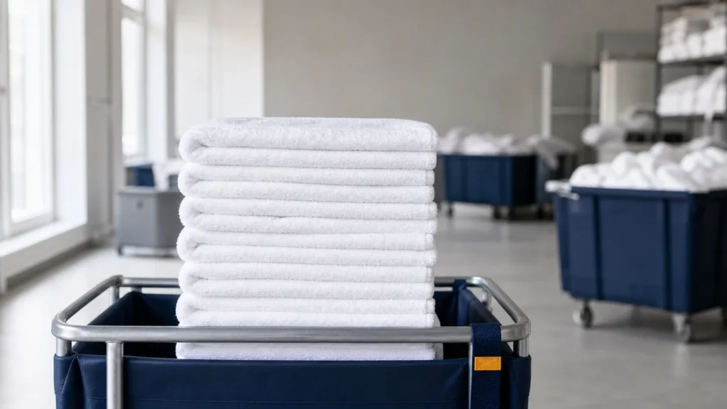 Pile de serviettes de bain professionnelles pliées dans un atelier