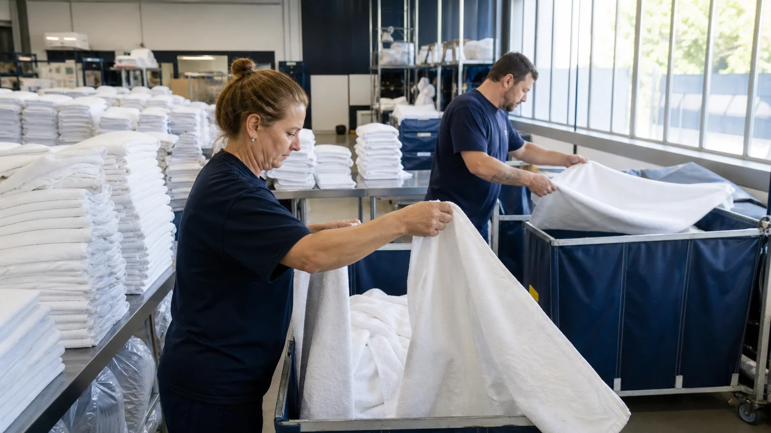 Professionnels triant des serviettes dans un atelier de blanchisserie en Île-de-France