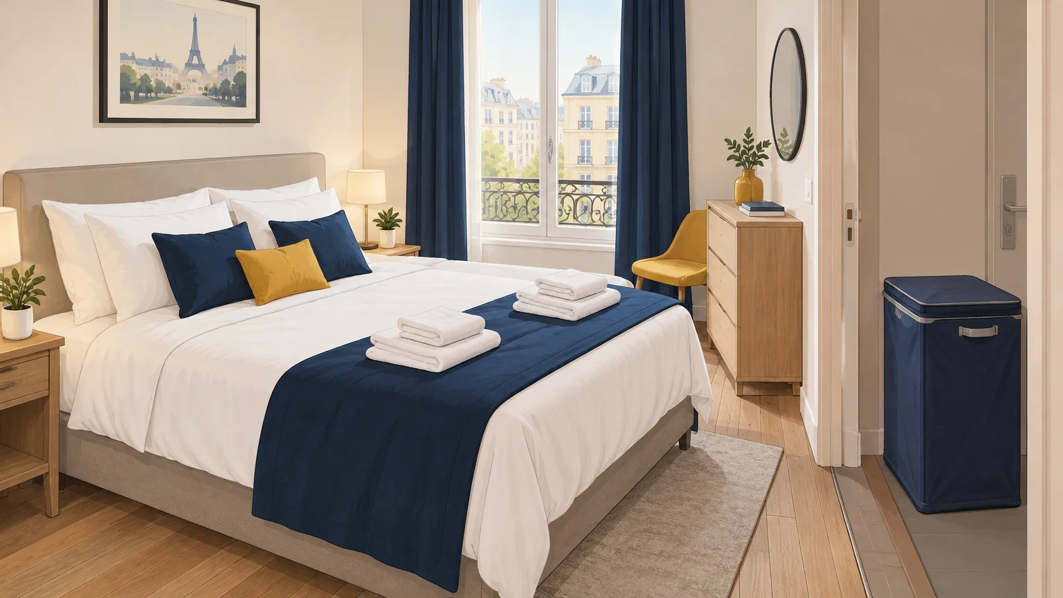 Lit préparé et linge prêt pour une rotation en meublé de tourisme