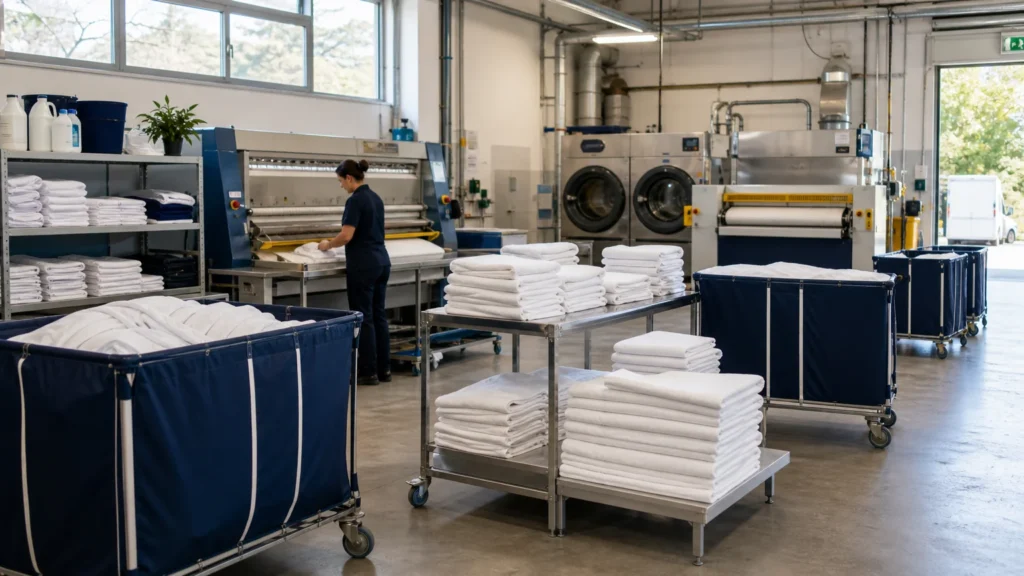 Atelier de blanchisserie professionnelle avec linge hôtelier et machines industrielles