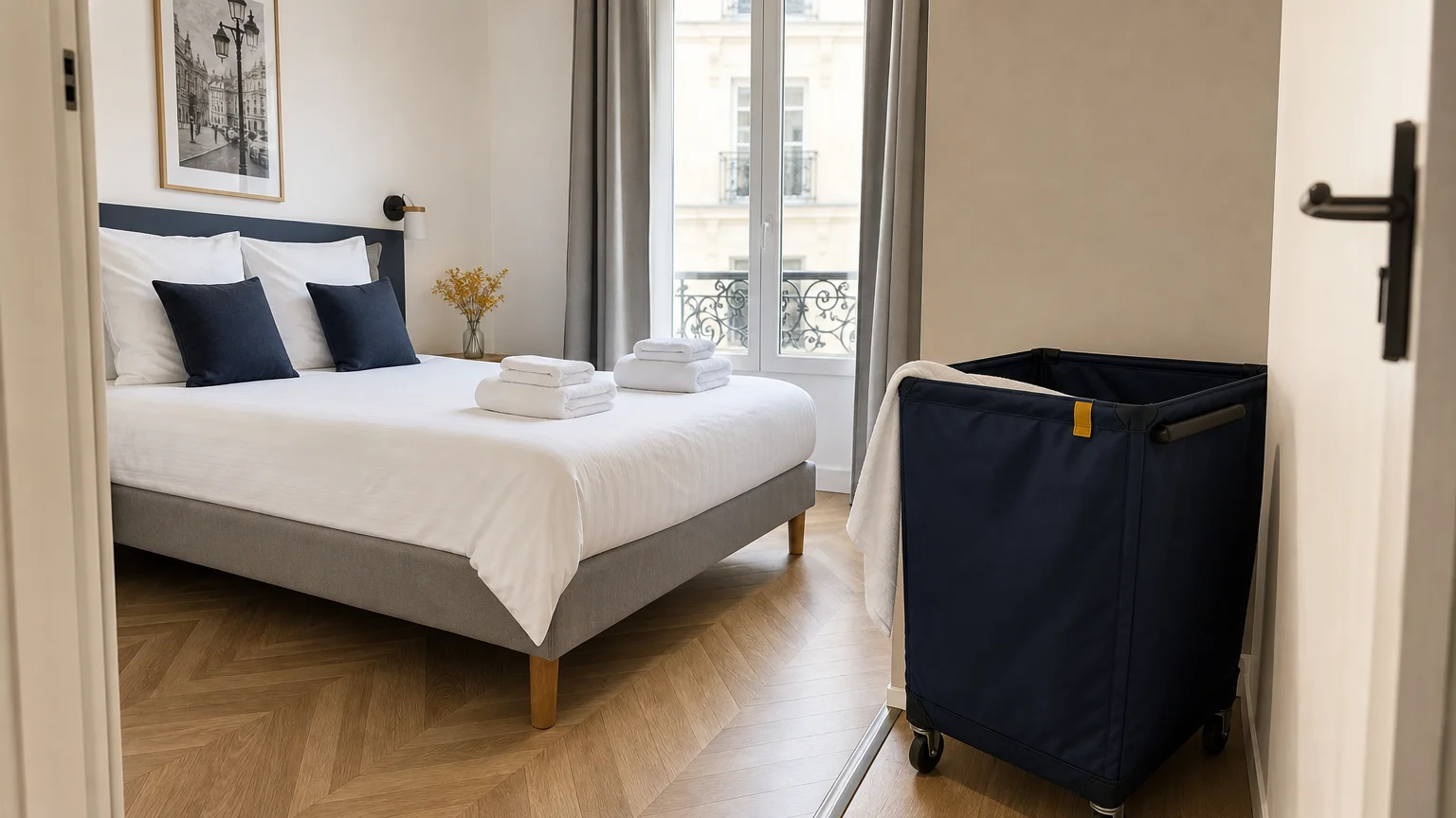 Lit préparé et bac de collecte pour une rotation de linge en location saisonnière