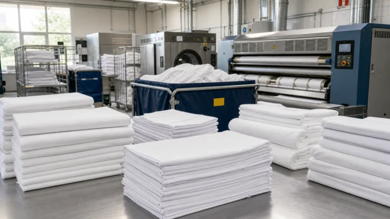 Draps pliés et bacs de collecte dans un atelier de blanchisserie professionnelle