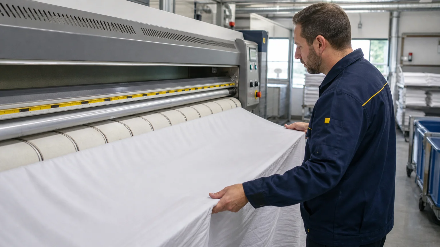 Repassage d’un drap blanc à la calandre dans un atelier professionnel