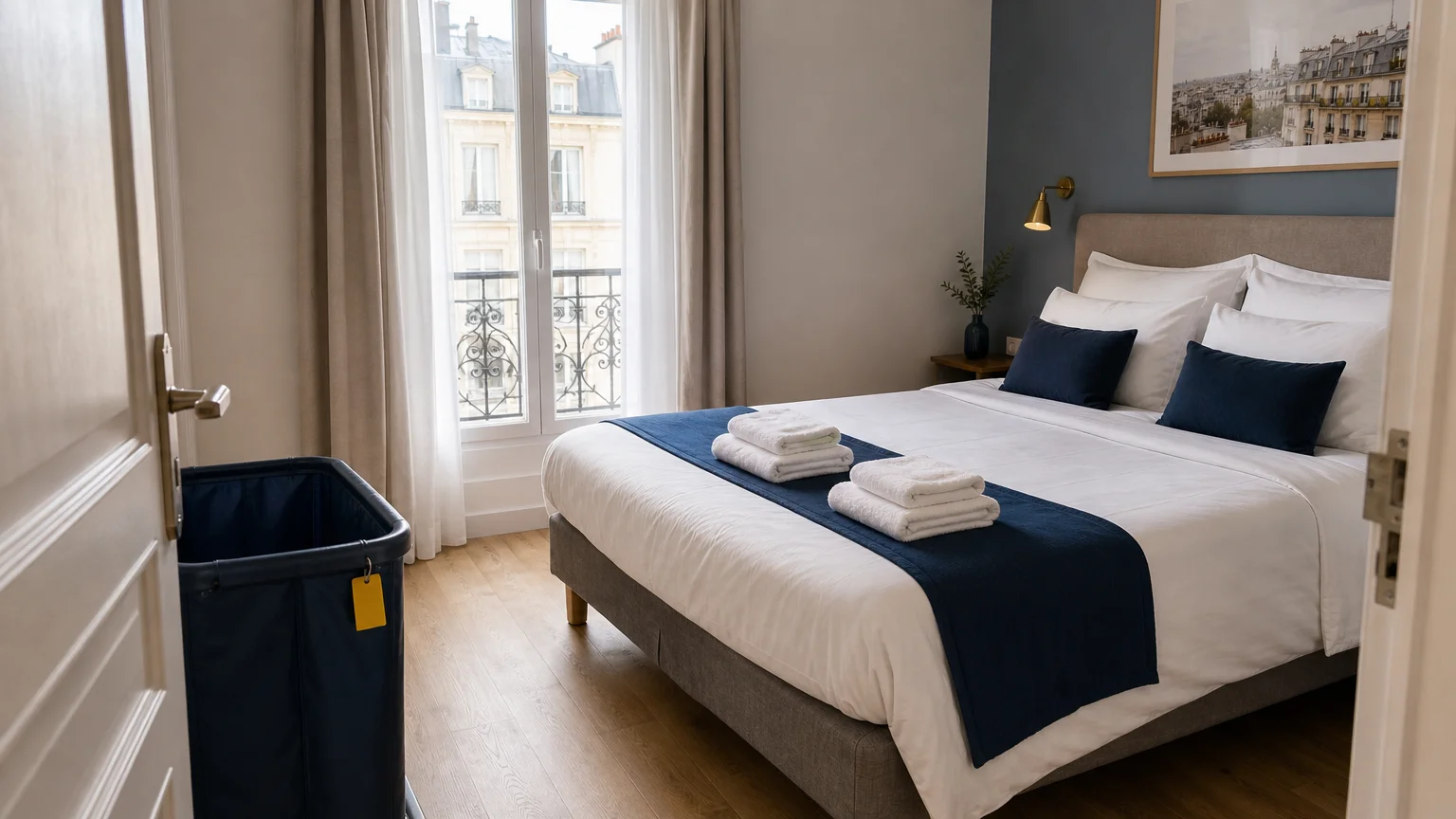 Lit préparé avec du linge plié dans un meublé de tourisme