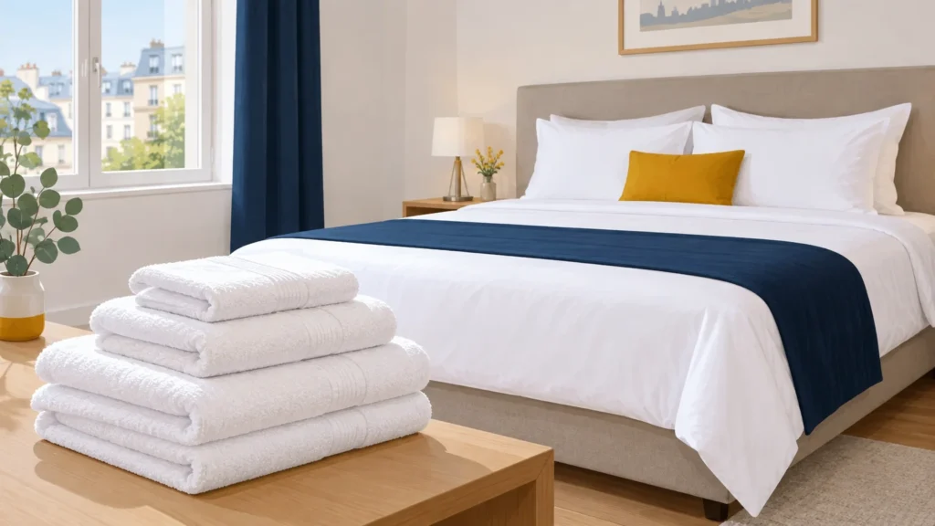 Lit préparé avec des draps blancs et des serviettes pliées dans un meublé de tourisme