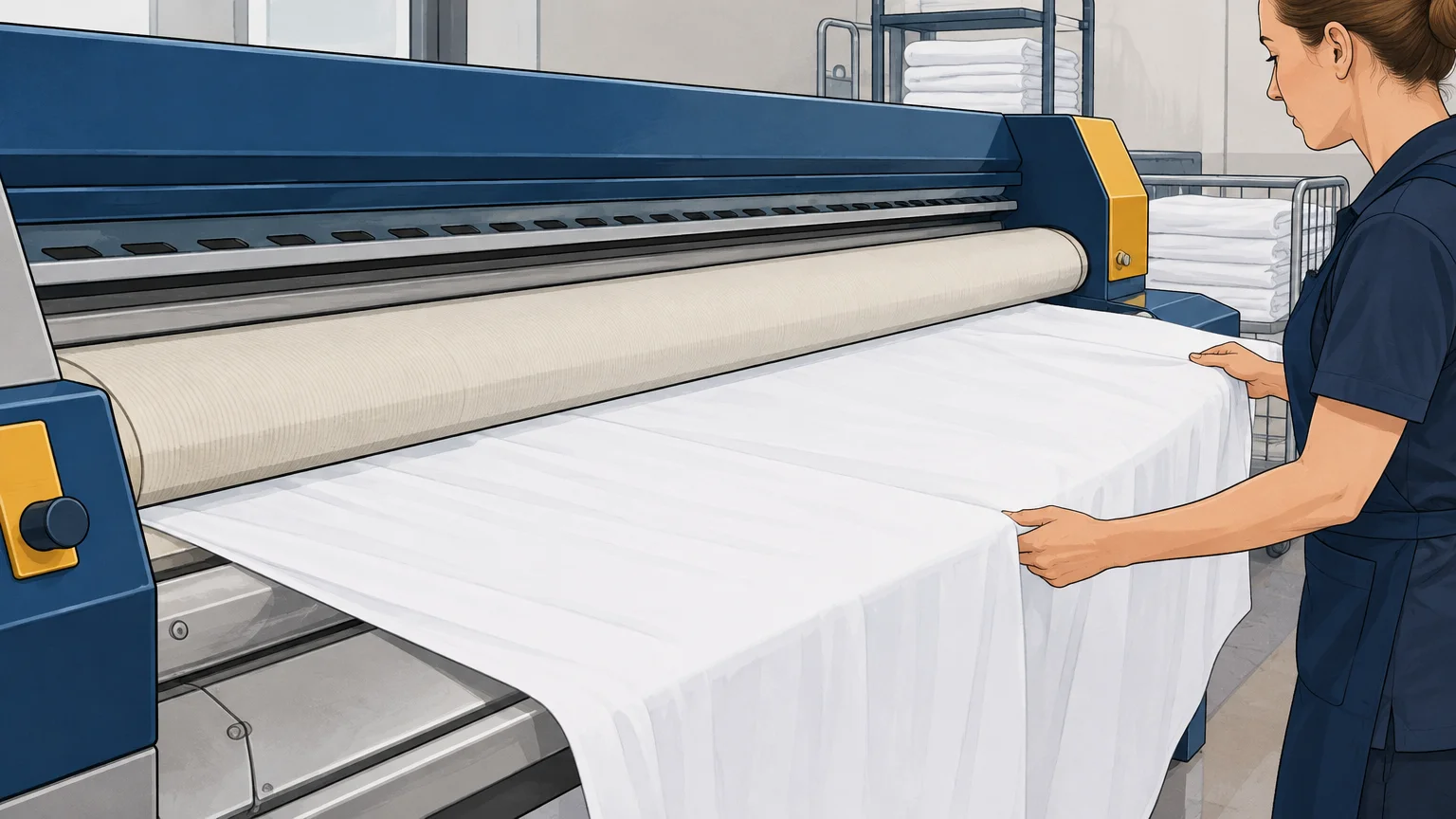 Une calandre industrielle traite un drap dans un atelier professionnel