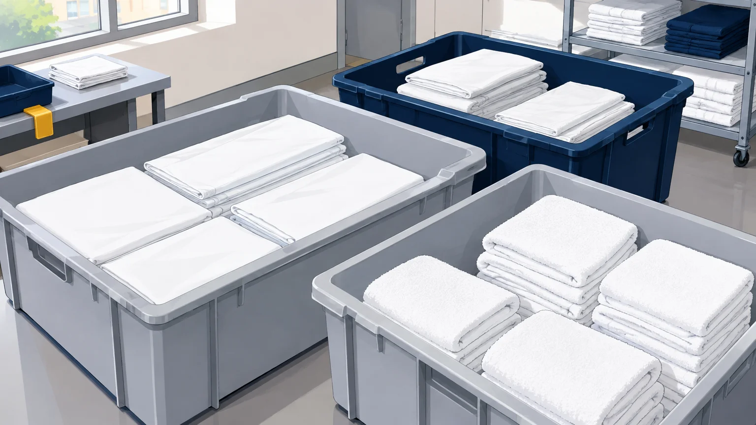 Lots de linge plié triés dans des bacs de collecte professionnels