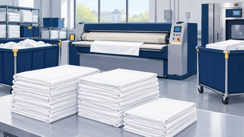 Draps blancs pliés et machines industrielles dans un atelier de blanchisserie professionnelle