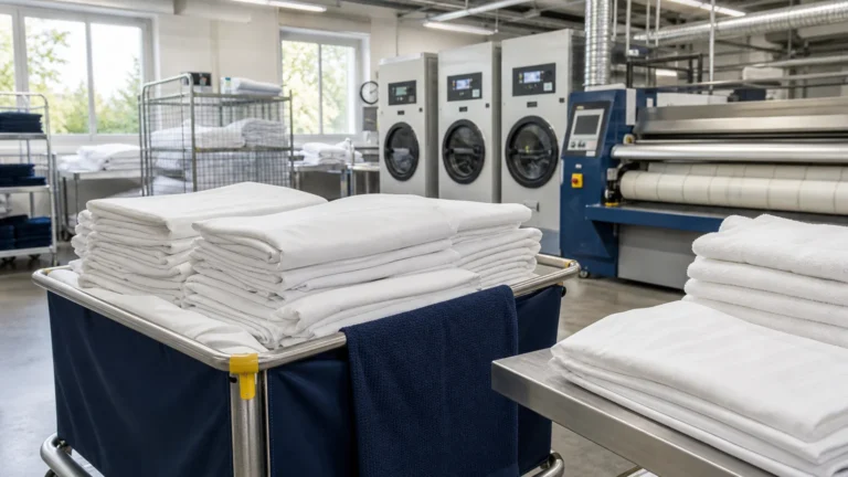Draps blancs pliés et chariot de collecte dans un atelier de blanchisserie professionnelle
