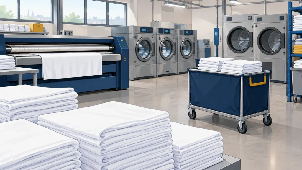 Atelier de blanchisserie professionnelle avec piles de linge plié et machines industrielles