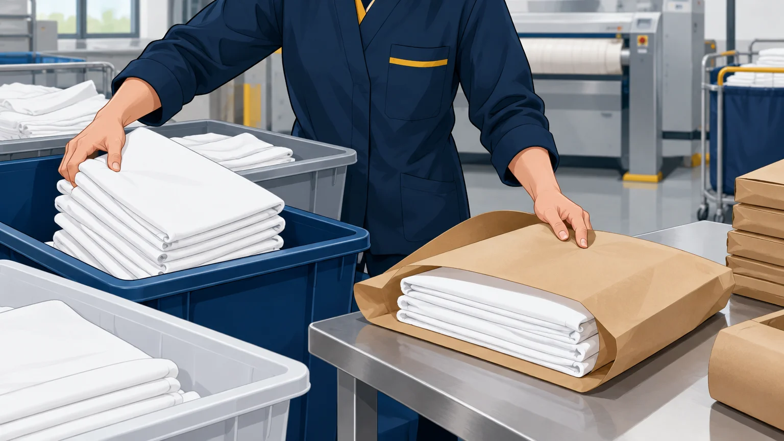 Tri de draps professionnels avant leur conditionnement neutre en atelier