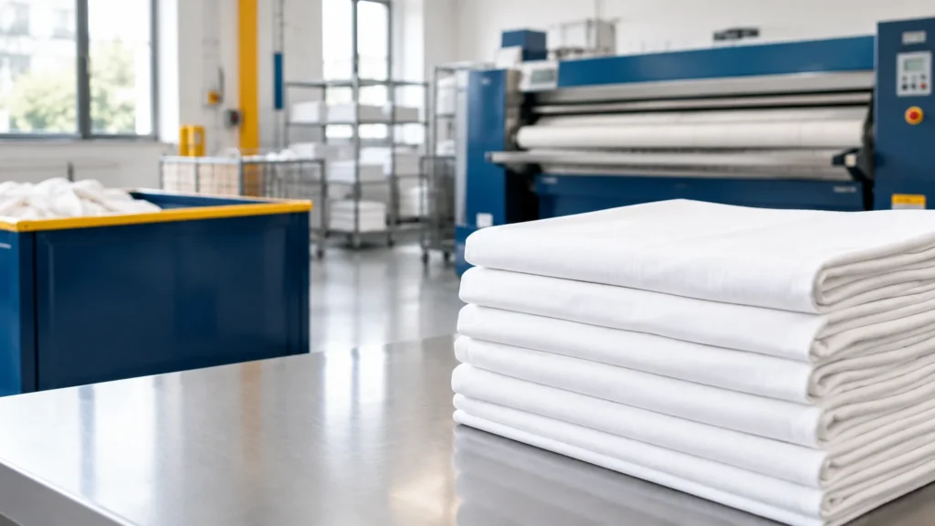 Pile de draps blancs pliés dans un atelier de blanchisserie professionnelle