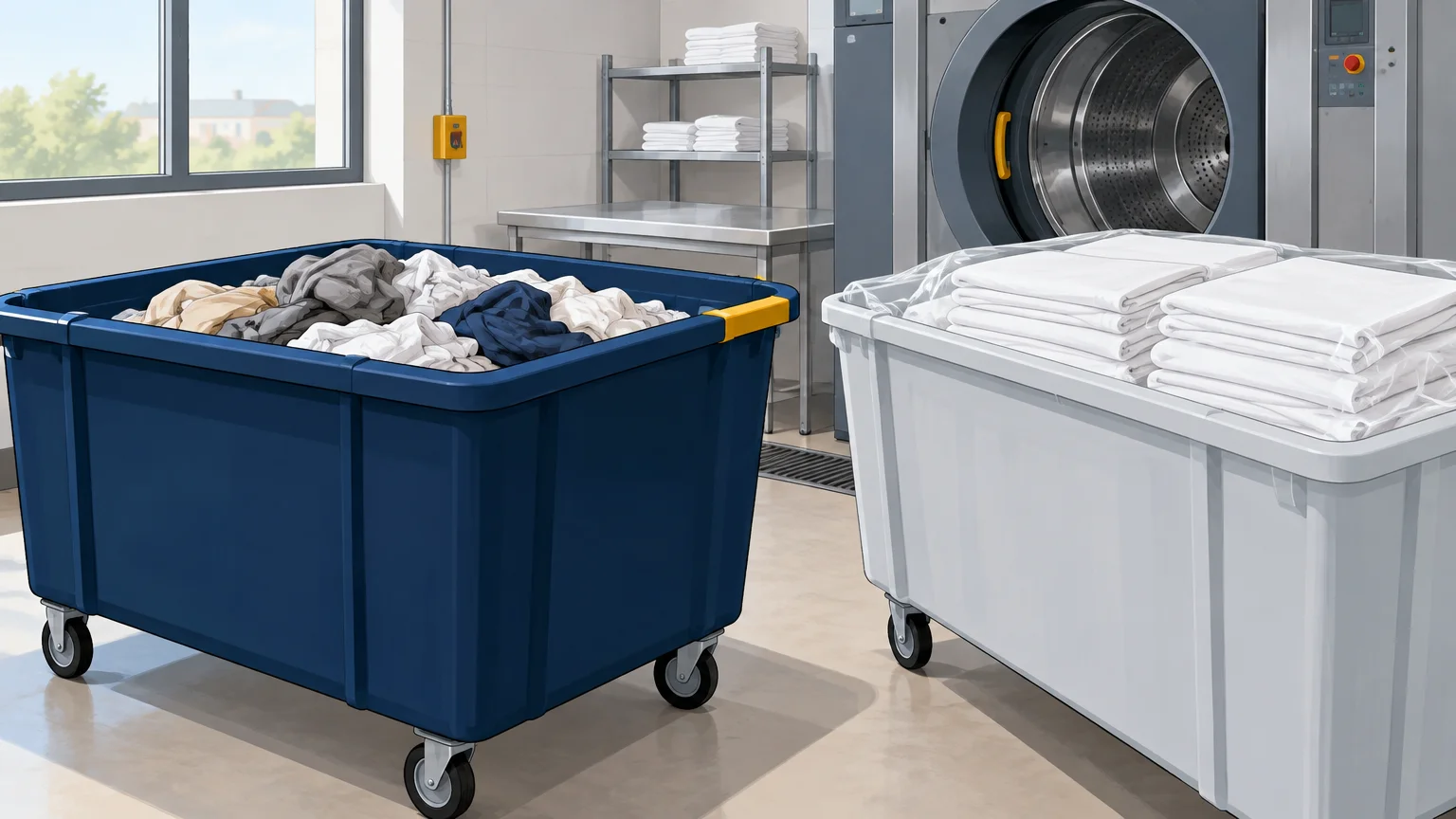Lots de linge sale et propre séparés dans un atelier professionnel