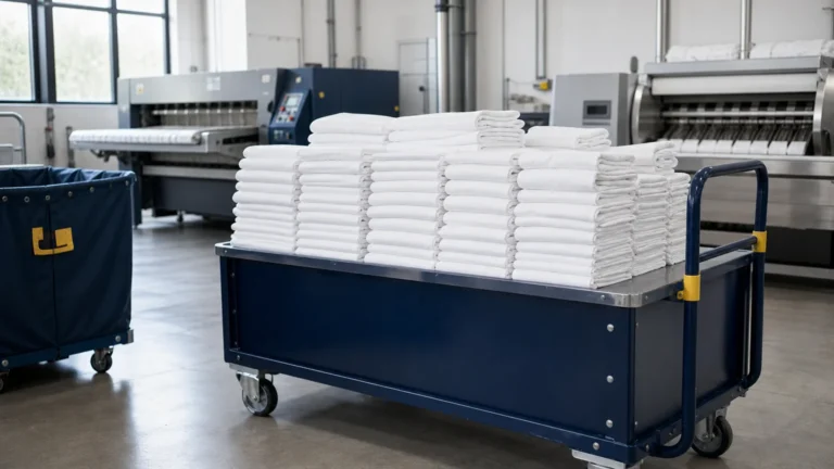 Draps blancs pliés sur un chariot dans un atelier de blanchisserie professionnelle