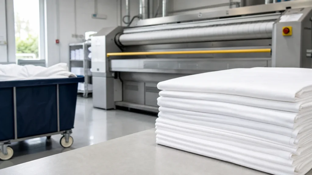 Draps blancs pliés dans un atelier de blanchisserie professionnelle en Île-de-France