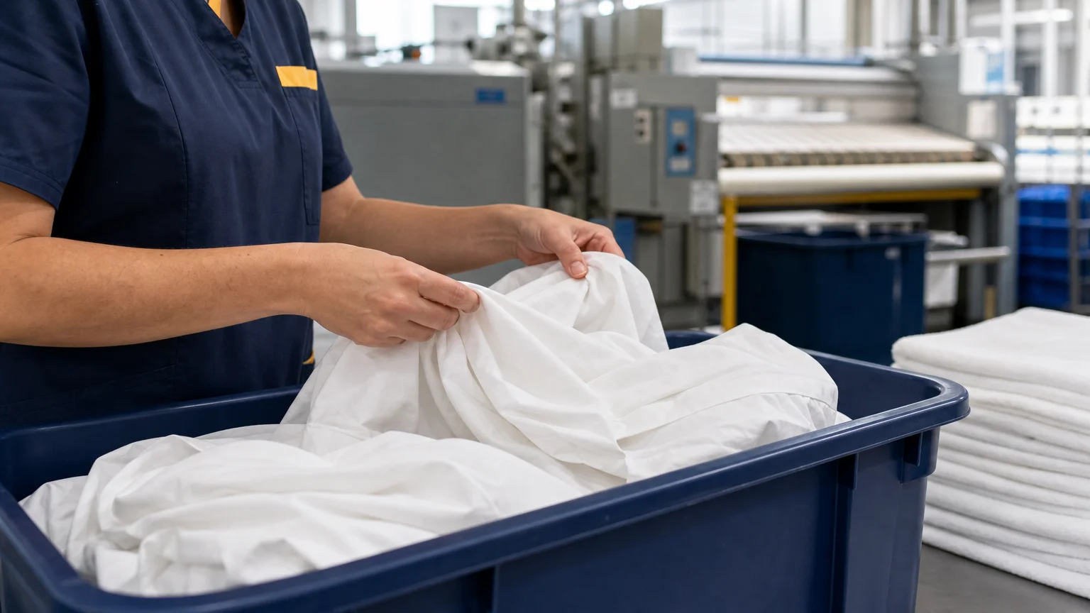 Tri manuel de linge professionnel avant une rotation de location saisonnière