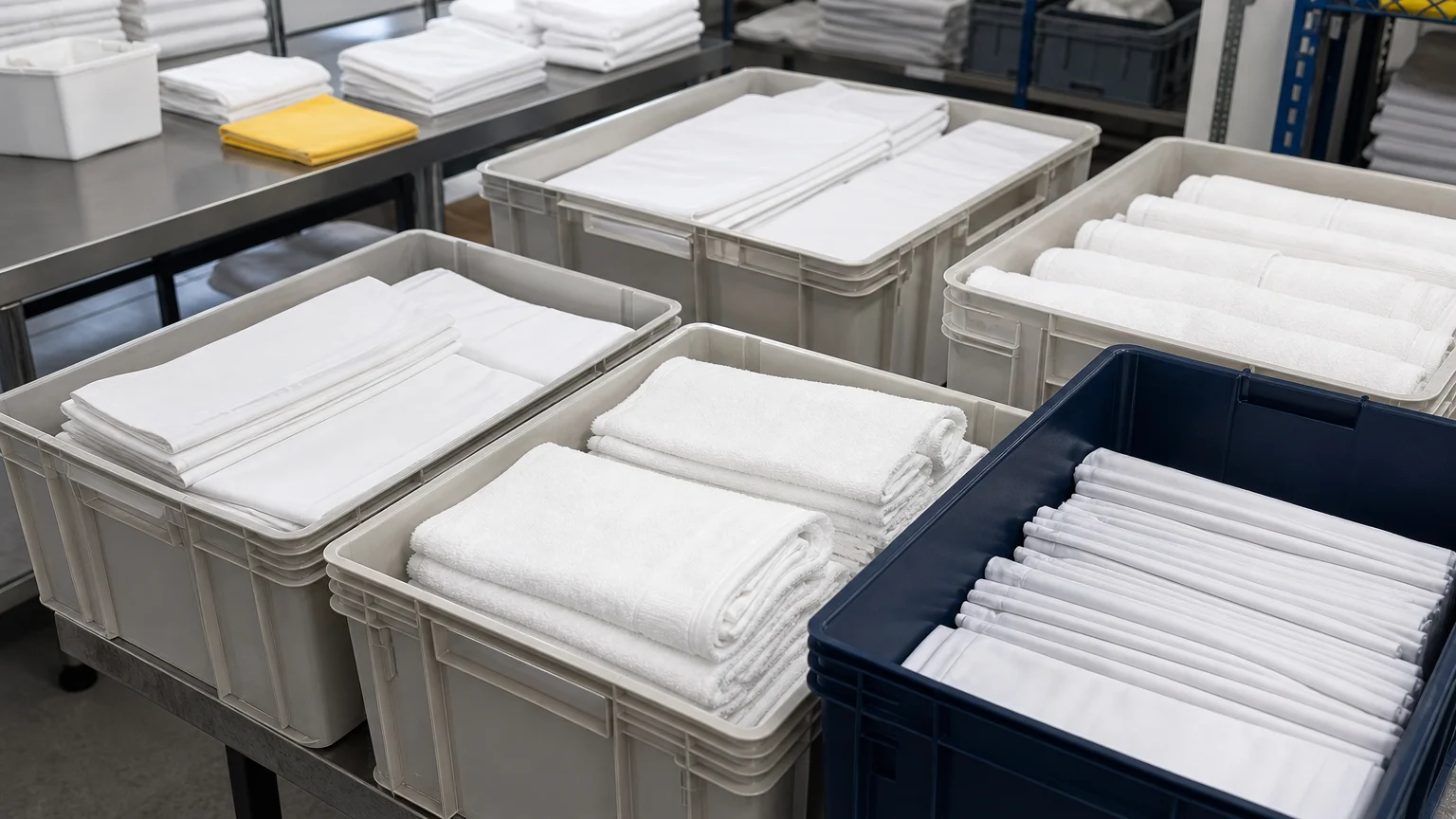 Lots de linge hôtelier séparés et prêts à être restitués aux professionnels